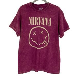Officially Licensed Nirvana Nevermind Smiley Grunge Tee Magenta Acid Wash Large